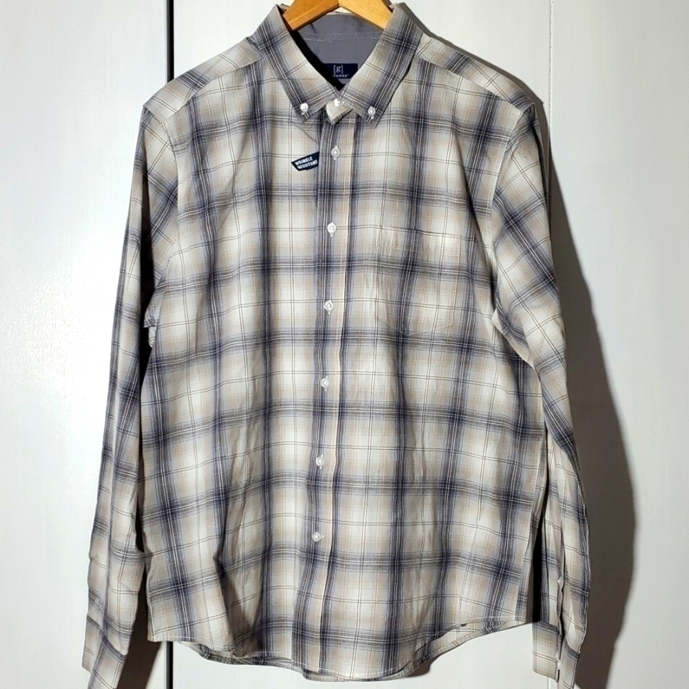 George- Nwt Mens Longsleeve Button down Pocket Dress Shirt Cream gray tan Sz.L